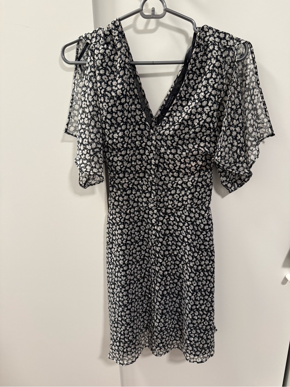 All Saints Black and White Floral V-Neck Dress with Flutter Sleeves